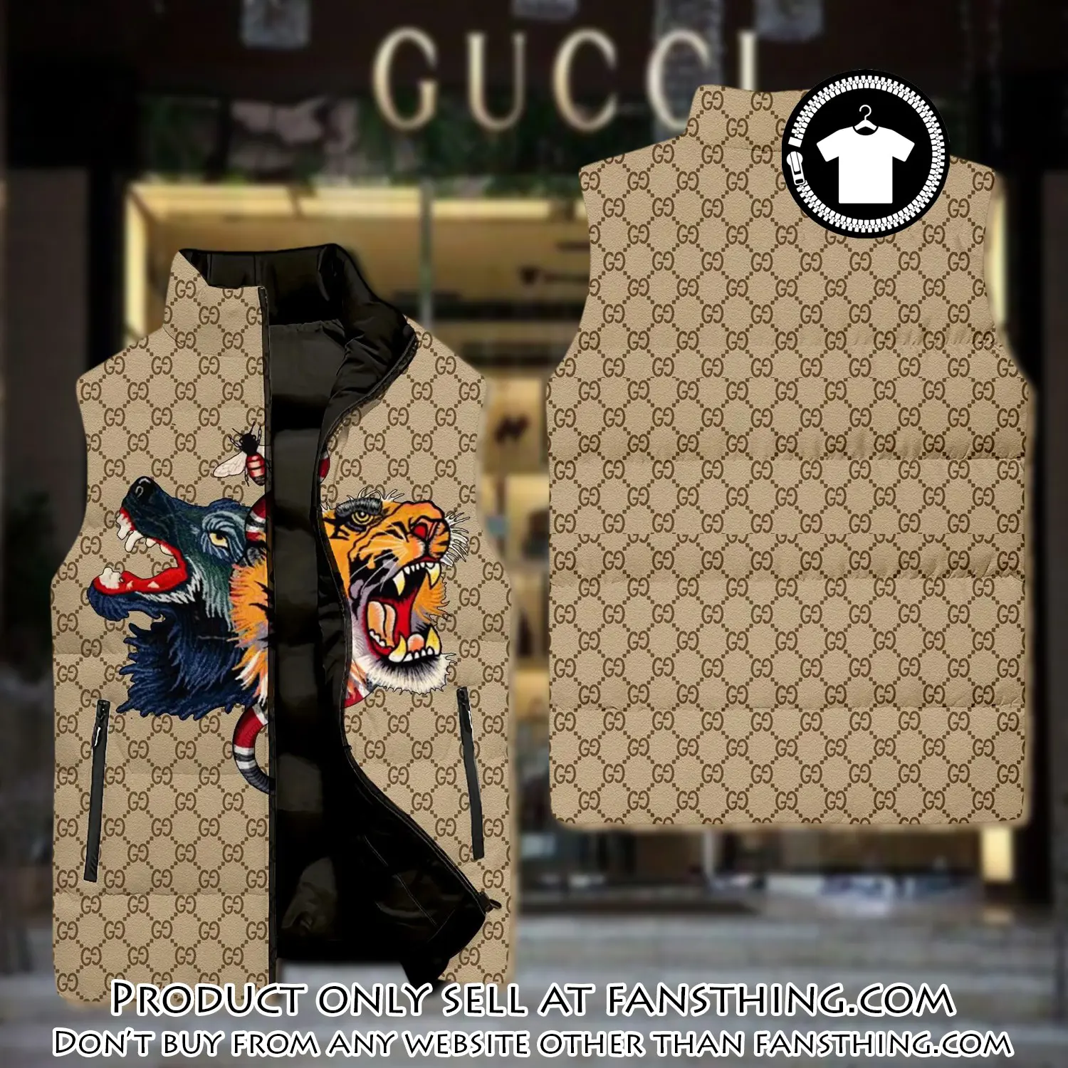 Gucci tiger & wolf luxury brand 3d sleeveless down jacket fst0508140